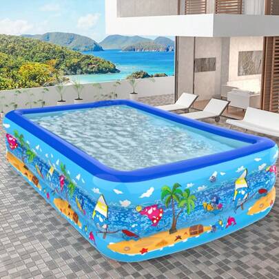 حوض سباحة قابل للنفخ بلاستيكي من PVC 1 قطعة للاستخدام المنزلي السهل، مطبوع عليه مشهد عائلي سعيد وشاطئ، مناسب لحديقة المنزل والاستخدام الخارجي الصيفي وحفلات المياه