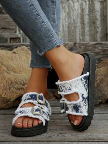 Women's Fashion Versatile Tie Dye Blue & White Tassel Decor Vacation Style Buckle Wedge Platform Slide Sandals, Simple Thick-Soled Casual Outdoor Slippers