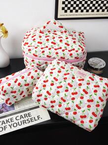 3pcs/2pcs/1pc Ditsy Floral Large Capacity Cosmetic Bag, Travel Skincare Organizer Pouch, Multi-Functional Toiletry Bag, Green Leaf & Cherry Blossom Quilted Handheld Makeup Bag, Portable Organizer Bag