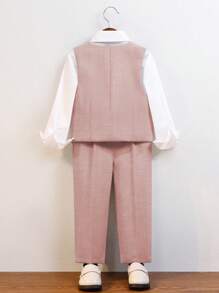 4pcs/Set Young Boys Formal Suit, Suitable For School, Wedding, Party And Other Occasions, Including Double-Breasted Vest, Pants, Long Sleeve Shirt, Comes With Necktie - Pink - View 4