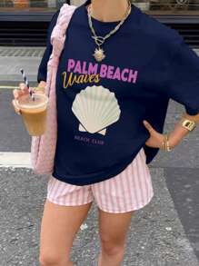 女士夏季休闲度假风字母贝壳印花圆领短袖T恤，时尚百搭，女式上衣，图案T恤，白色上衣，粉色上衣 - 藏蓝色 - 查看 3