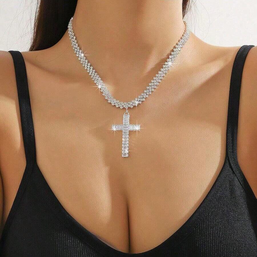 1 buah Kalung Liontin Salib Berlian Imitasi Mewah dengan Rantai Cakar, Hadiah untuk Wanita untuk Pernikahan, Pertunangan, dan Pesta Malam. - Perak - View 1