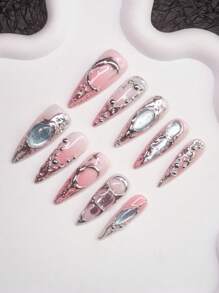 Unhas Postiças Feitas à Mão com Formato de Amêndoa, Estilo Girly Y2K, 10 Peças/Conjunto com 3 Opções de Tamanho, Incluindo Unhas de Olho de Gato Rosa com Padrões Assimétricos de Metal Líquido, Gemas Azuis, Lua e Design de Contas, Adequado para Festa, Baile de Formatura, Uso Diário, Pode Ser Dado como Presente para Mulheres e Meninas, Unhas Postiças, Suprimentos de Unhas - Multicolorido - Visão 2