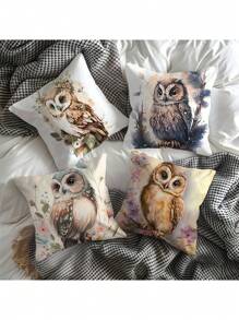 4pcs Owl Pattern Short Plush Pillow Case, Polyester Sofa Cushion Cover - Multicolor - View 4