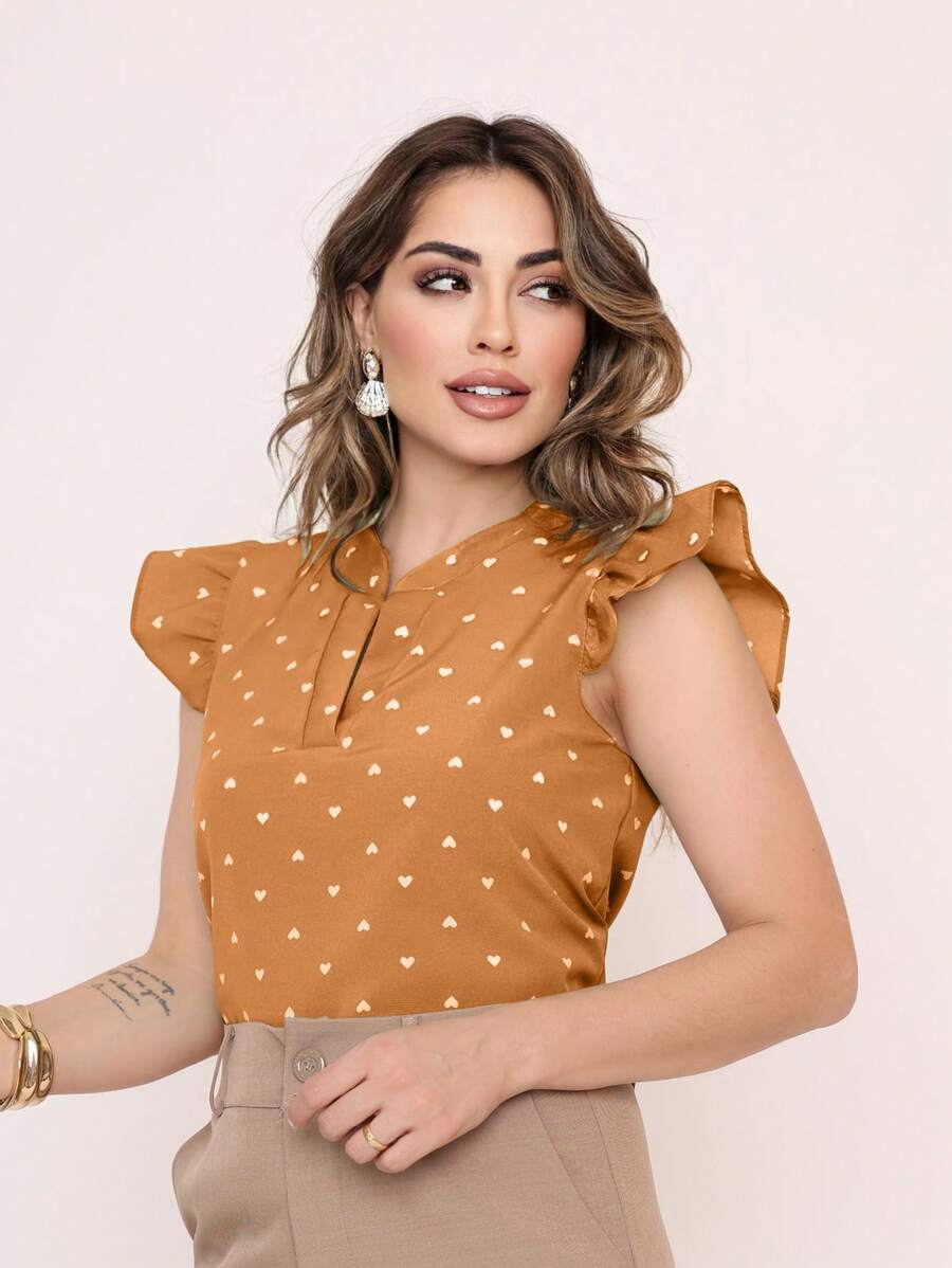 MARILYN MONNA Women's Heart Print Blouse With Ruffle V-Neck Elegant Sleeve Notched Neckline - caramelo - Ver 1