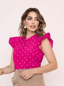 MARILYN MONNA Women's Heart Print Blouse With Ruffle V-Neck Elegant Sleeve Notched Neckline - Rosa Fucsia - Ver 1