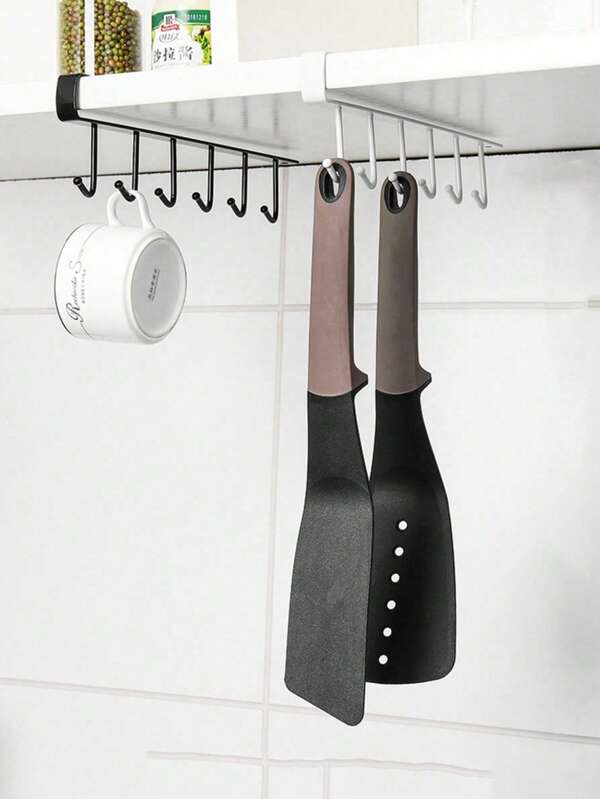 1pc White/Black 6 Hook Storage Rack, Storage Rack With 6 Hooks, No Drilling Required, Suitable For Cabinets, Cookware, Spatulas, Kitchen Organizers