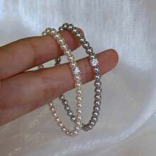 Fresh Water Pearl Bracelet, Small Square Rhinestone & Pearl Beads Splice Minimalist Elegant Pearl Bracelet For Women