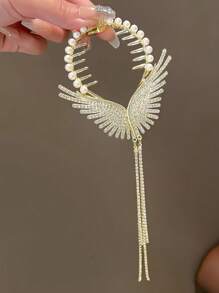 1 件花卉仿珍珠水钻蝴蝶结流苏优雅发夹，时尚日常使用 - 金色流蘇 - 查看 5