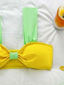 Contrast Color Mesh 3 PiecesBikini Set Set: Bikini Top, Bottom, And Cover Up Sarong Skirt, Vacation Summer - Yellow - View 3