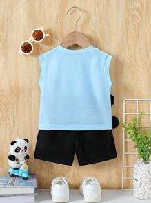 2 piezas Conjunto de niño pequeño con estampado de panda, sin mangas, cuello redondo, pantalones cortos de unicolor, adecuado para salidas diarias en verano - Azul - Ver 2