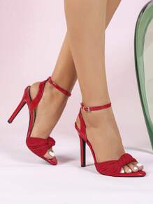 Giày sandal cao gót hở mũi màu đỏ gợi cảm dành cho nữ mùa xuân/hè, có quai thắt nút và khóa cài, kiểu dáng thời trang và thanh lịch, thích hợp cho các bữa tiệc. - Đỏ - Xem 5