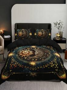3PCS Super Soft Breathable Golden Sun And Moon Planet Duvet Cover Set (1 Duvet Cover+2 Pillowcases Without Pillow Core), At Home Dormitory High Definition Numerical Code Printing