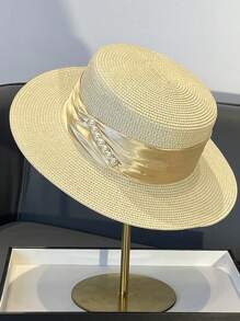 Sombrero de paja estilo francés de copa plana con cinta de perlas en el borde, sombrero de sol para mujer para viajes y vacaciones de verano, gorra de estilo británico para influencer con protección solar, sombrero sólido y casual de poliéster con protección UV y contra el viento, para primavera/verano