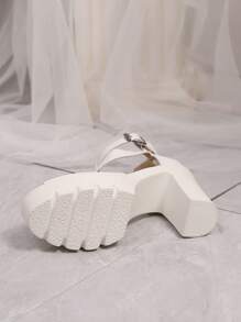 女士粗跟坡跟凉鞋镂空厚底防水露趾高跟鞋 - 白色 - 查看 8