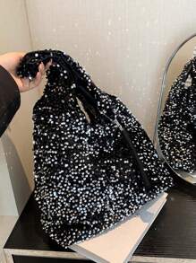 2 pièces Ensemble comprenant un porte-monnaie, un grand cabas pailleté de mode à capacité élevée, un sac à main d'épaule, pailleté brillant tout autour, sac fourre-tout pour l'extérieur/les courses, grand sac à main, style de rue Y2K, pochette de soirée