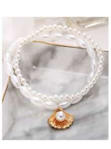 2pcs/Set Faux Pearl Shell Pendant Anklet Set, Minimalist Fashion Style, Suitable For Daily Wear, All Seasons