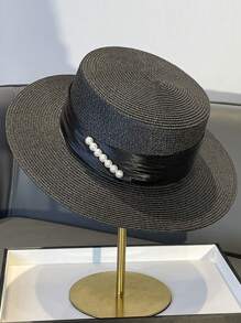 Sombrero de paja estilo francés de copa plana con cinta de perlas en el borde, sombrero de sol para mujer para viajes y vacaciones de verano, gorra de estilo británico para influencer con protección solar, sombrero sólido y casual de poliéster con protección UV y contra el viento, para primavera/verano