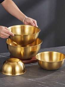 4 piezas/1 pieza Tazón de acero inoxidable en color dorado, plateado, blanco y amarillo para uso en la cocina del hogar, adecuado para lavar verduras, batir huevos, preparar ensaladas frías u ollas, con borde recto y fondo plano - Oro - Ver 4