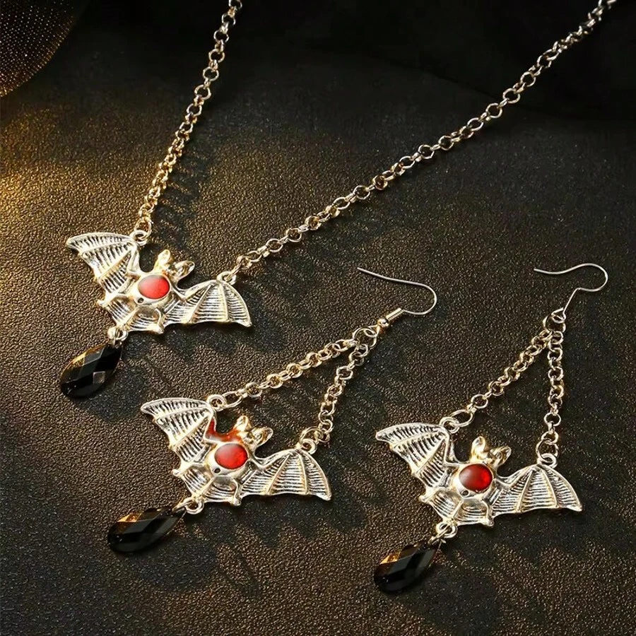 2pcs Gothic Retro Bat Pendant Necklace & Earring Set, Faux Crystal For Women
