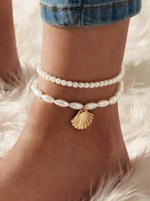 2pcs/Set Faux Pearl Shell Pendant Anklet Set, Minimalist Fashion Style, Suitable For Daily Wear, All Seasons