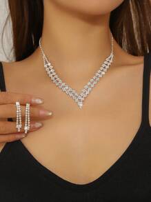 2pcs/Set Silver-Color Crystal Necklace Set, Suitable For Women Wedding Party Event - Silver - View 5