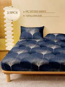 2/3pcs Navy Blue Ginkgo Leaf Fitted Sheet Set (1Pc Fitted Sheet+1/2pcs Pillowcases), Mattress Protector, Mattress Cover For Bed, Bed Sheet Set, Soft And Breathable, For All Size Bed -Twin, Full, King, Queen Size Sheet Deep Pocket Up To 11.8 Inch Home Textile