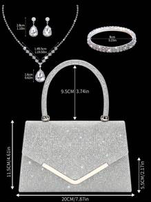 Elegante y encantadora cartera con solapa de strass brillante, bolso de noche exquisito para mujeres, combinado con un set de 3 piezas de joyería de strass brillante que incluye un collar, pulsera y aretes de strass de lujo y exquisitos. Adecuado para vestidos de boda, fiesta, graduación. Perfecto para mujer en fiestas, bodas, cenas y banquetes.