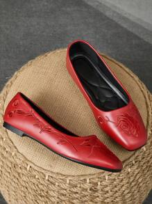 WHDXY 1 双新款中国风刺绣方头复古乐福鞋女款，低帮仙女奶奶鞋，舒适一脚蹬鞋，复古法式玛丽珍通勤平底鞋 - 酒紅色 - 查看 3