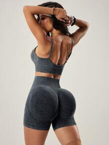 TCVC Bộ đồ thể thao nữ màu đen mờ, co giãn cao, gồm áo ngực và quần short, không đường may, cạp cao ôm bụng, tôn dáng, chất liệu thân thiện với da, định hình cơ thể, đa năng, có lớp lót, phù hợp cho mọi mùa, đồ thể thao và bộ tập yoga mùa hè. - màu đen - Xem 3