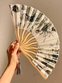 1 pieza Abanico plegable con estilo retro chino de pintura de tinta, abanico plegable clásico chino Hanfu, abanico de seda para danza, diseño de abanico aleatorio