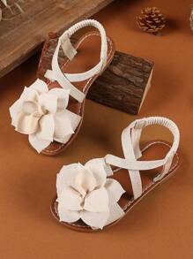 1 Pair Beige Plus Size Girls' Flat Sandals, Woven Criss-Cross Straps, Mesh Peony Decor, Elastic Back Strap, Round Toe, Fashionable & Cute, Suitable For 3-15 Years Old Girls, Casual, Party, Travel, Spring/Summer 2025 - Beige - View 7