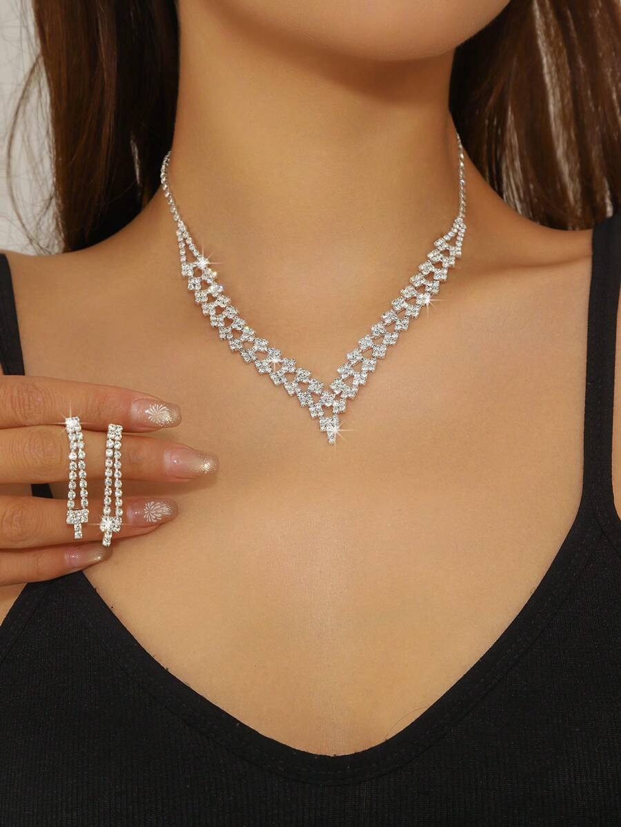 2pcs/Set Silver-Color Crystal Necklace Set, Suitable For Women Wedding Party Event - Silver - View 1