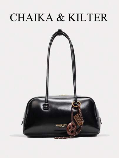 CHAIKA & KILTER 1 件纯色亮面 PU 材质单肩包，女士时尚大容量单肩保龄球包，双手柄设计带拉链开合，适合日常和户外使用（与吊坠一起出售）