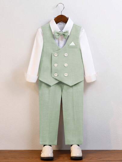 4pcs/Set Young Boys Formal Suit, Includes Double-Breasted Vest, Pants, Long Sleeve Shirt, Tie, Suitable For School, Wedding, Party And Other Occasions