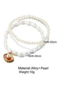 2pcs/Set Faux Pearl Shell Pendant Anklet Set, Minimalist Fashion Style, Suitable For Daily Wear, All Seasons