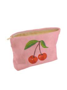 1pc Corduroy Cosmetic Bag, Birthday Gift For Women, Toiletry Bag, Makeup Storage Pouch, Gifts For Best Friends, Cherry Pattern