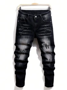 Men's Button Front Pocket Elastic Distressed Denim Jeans, Emo Style, Grunge