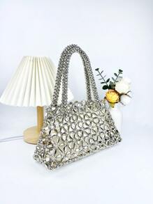 韩式个性镂空编织时尚手提包，手工珍珠装饰托特包腋下包，百搭