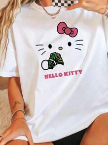 Hello Kitty 女款 T恤、睡衣、趣味上衣、度假夏季穿搭、趣味睡衣、服飾、睡袍、家居休閒圖案 T恤 - 白色 - 查看 2