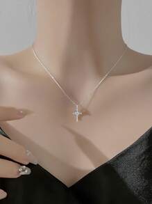 1pc 925 Sterling Silver Zirconia Heart Cross Pendant Necklace, Personalized Cross Heart Shaped Clavicle Chain Jewelry Gift For Women - Cross - View 8