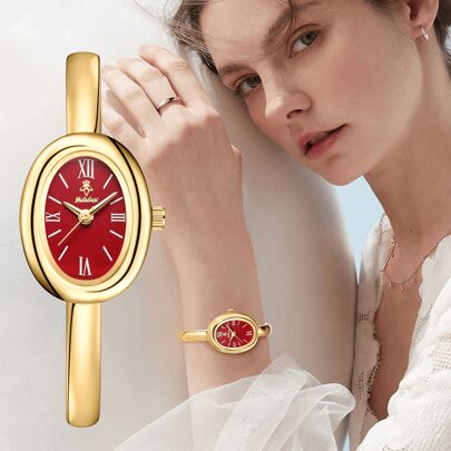 YaLaLuSi 1pc Ladies Elegant Style Quartz Watch Temperament Simple Golden Bracelet Style Ladies Watch Luxury Oval Dial Push Button Design Wear Suitable For Dress Party Daily Wear Gift For Women Valentine's Day Gift