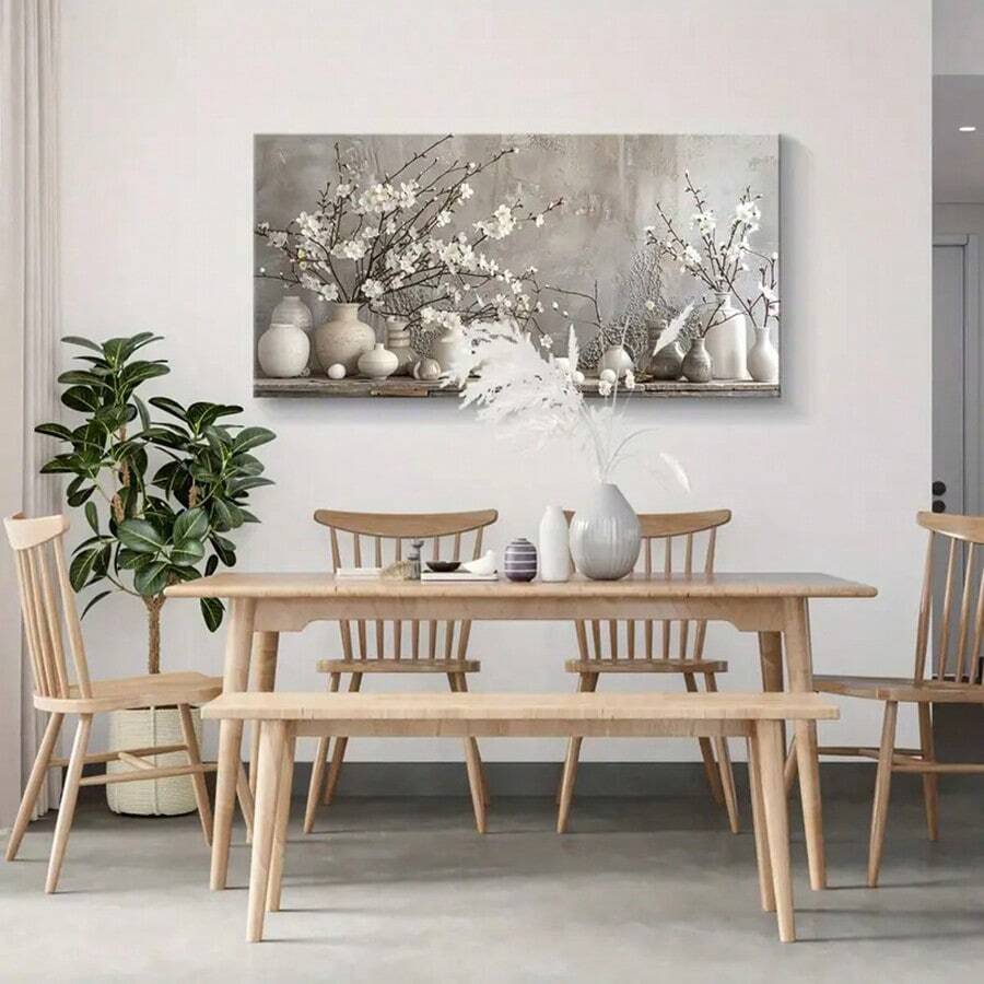 1pc Rustic Botanical Floral Canvas Wall Arts Plum Blossom In Ceramic Vase On Grey Textured Wall Background Painting Farmhouse Floral Artwork Bedroom Decor Posters - Black - View 1