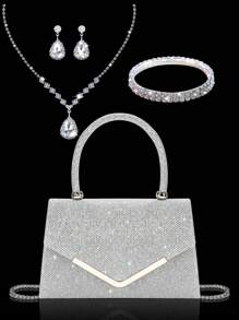 Elegante y encantadora cartera con solapa de strass brillante, bolso de noche exquisito para mujeres, combinado con un set de 3 piezas de joyería de strass brillante que incluye un collar, pulsera y aretes de strass de lujo y exquisitos. Adecuado para vestidos de boda, fiesta, graduación. Perfecto para mujer en fiestas, bodas, cenas y banquetes.