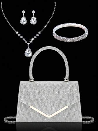 闪亮、优雅、时尚、迷人的水钻翻盖手提包，精致的女士晚装包，搭配闪光水钻首饰三件套，奢华精致的水钻项链、手链和耳环，搭配婚纱、派对礼服、毕业礼服，适合女士派对、婚礼、晚宴、宴会晚宴包。