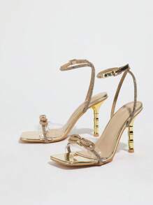 Women's Clear Crystal Heel Sandals, Metal Pearl Rhinestone Decor Chunky High Heel Lace-Up Golden Sandals
