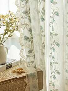 1pc Customized Embroidered Vintage American Style High-End Blue Rose Sheer Curtain For Living Room/Balcony/Bay Window
