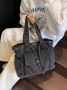 New Fashion Casual Solid Color Canvas Washed Drawstring Shoulder Bag, Spacious Multi-Pocket Tote Bag For Women - Black - View 5