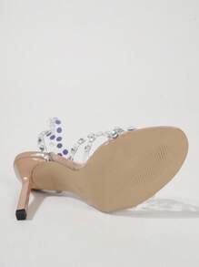 Sandali con tacco alto scintillanti da donna con decorazione di strass, cinturini incrociati in PVC trasparente e accenti in metallo argento, adatti per outfit estivi - Albicocca - Visualizzare 7