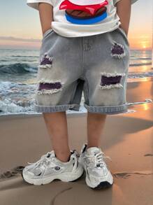 Young Boys' Loose Fit Ripped Denim Cropped Shorts, Summer - Blue - View 5